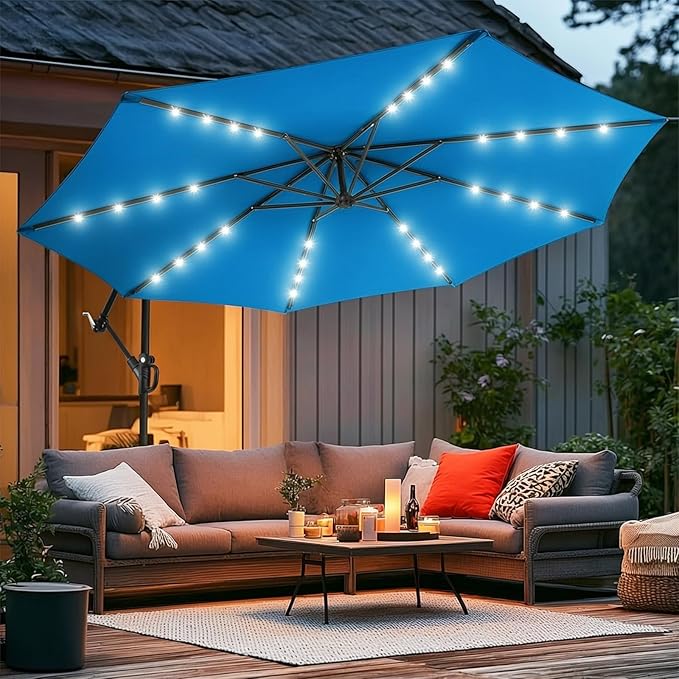 wikiwiki 10ft Solar LED Offset Patio Umbrella, Outdoor Cantilever Patio Umbrellas with Solor Lights for Backyard, Poolside and Garden, Easy Tilt Adjustment, 32 LED Lights & Polyester Shade, Royal Blue