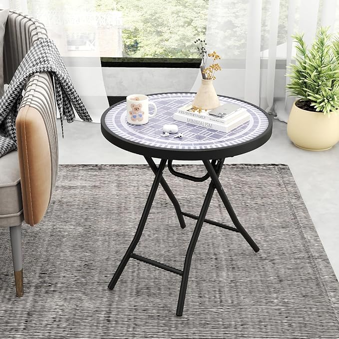 Giantex Folding Outdoor Side Table with Tempered Glass Tabletop & Metal Frame, Portable 18” Round End Table for Patio, Sofa Side, Yard, Porch, Poolside Living Room, Grey