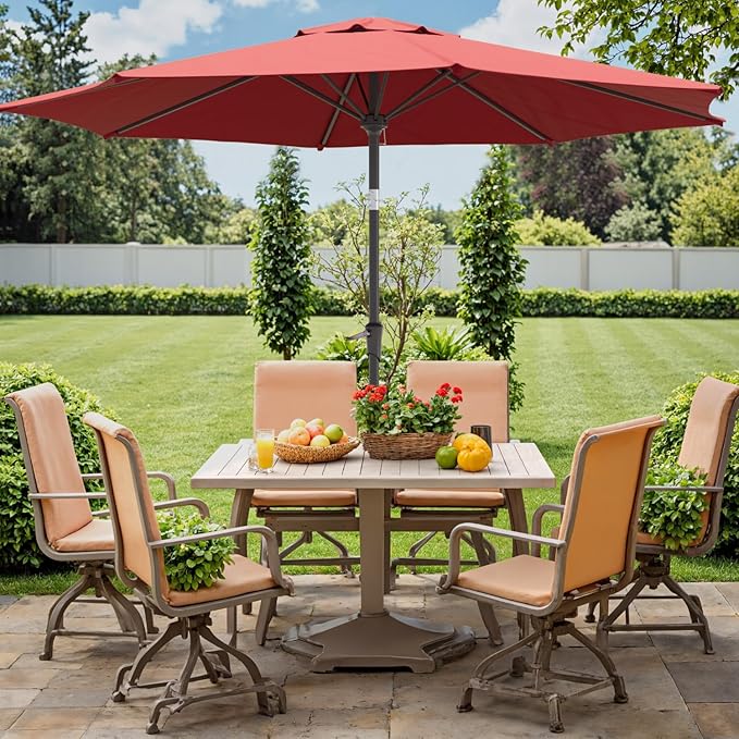 Outdoor Patio Umbrella with One Push Button Tilt and Crank, 8 Sturdy Ribs Market Table Umbrella