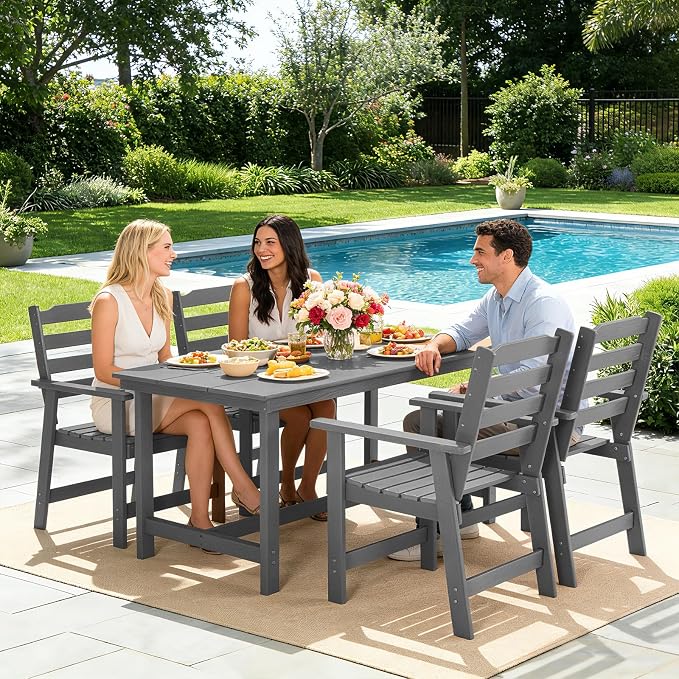FUNBERRY Outdoor Dining Table, HDPE 6-Person Patio Table with Umbrella Hole | Wood-Grain, HDPE All Weather, No Rot or Rust or Crack, UV Fade Shield, 220LBS Weight Capacity, Easy-Clean for Outside