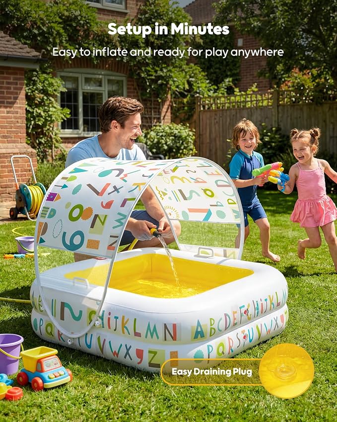 QPAU Baby Pool with Detachable Canopy for Sun Protection, 35" x 10" Portable Inflatable Kids Pool with Padded Bottom, Kiddie Pool & Ball Pit with Handles for Backyard and Indoor, Ages 1-3 (Yellow)