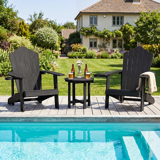 Tangkula Round Outdoor Side Table Set of 2, Adirondack Side Table with Weather-Resistant, Waterproof Top, Small Outside End Table for Patio Deck Pool Porch, Easy Maintenance (Black,2)