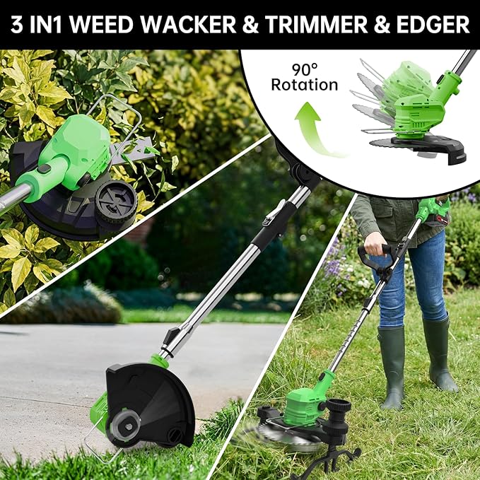 Cordless Weed Wacker, 21V Lightweight Electric Trimmer Battery Powered (Includes 2 x 21V Batteries & Charger) Grass Trimmer/Brush Cutter/Lawn Edger Featuring for Yard Garden Lawn Care