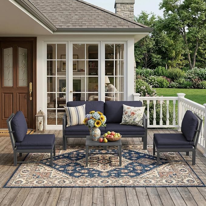 U-MAX Aluminum Patio Furniture Set 4 Seats Outdoor Sectional Couch with Coffee Central Table Patio Conversation Sets for Porch Deck (Dark Blue, with Retractable Sofa Couch and Single Sofa)