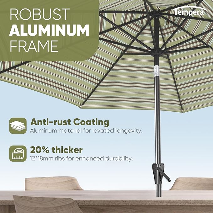 Tempera Patio Market Outdoor Table Umbrella with Push Button Tilt and Crank, Large Sun Umbrella with Sturdy Pole & Fade Resistant Canopy, Easy to Set