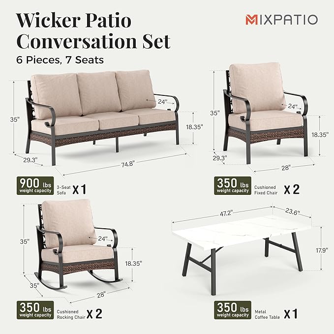 Patio Furniture Set with Coffee Table, Outdoor Conversation Set with 2 x Fixed Chairs, 2 x Rocking Chairs, 1 x 3-Seat Sofa for Lawn Garden Backyard, Beige