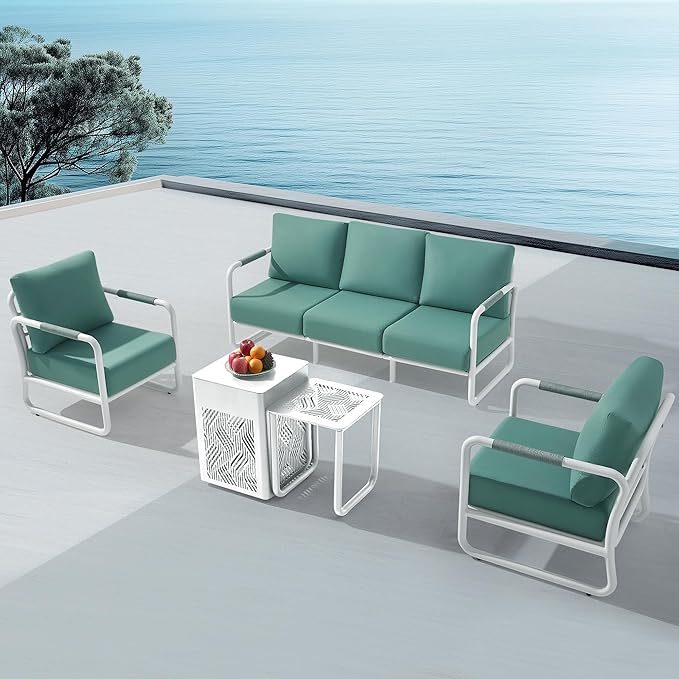 MBY Outdoor Aluminum Patio Furniture Set, 5-Seats Patio Conversation Sofa Set with 45,000 BTU Fire Pit Table w/Glass Wind Guard, All Weather for Balcony, Garden-White
