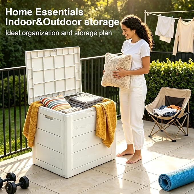 35 Gallon Deck Box, Lockable Waterproof Resin Storage Box for Patio, Indoor & Outdoor Use, for Cushions, Accessories, Package Delivery & Garden Tools,Beige