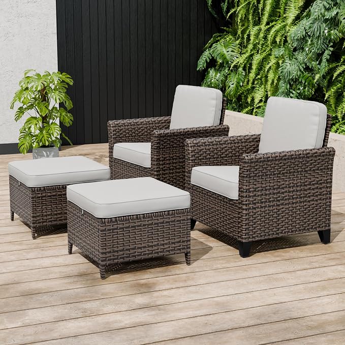 COOS BAY Harbor Retreat 4 Piece Outdoor Furniture Set, Patio Conversation Set with Patio Chairs and Ottomans, Wicker Furniture, Brown/Beige