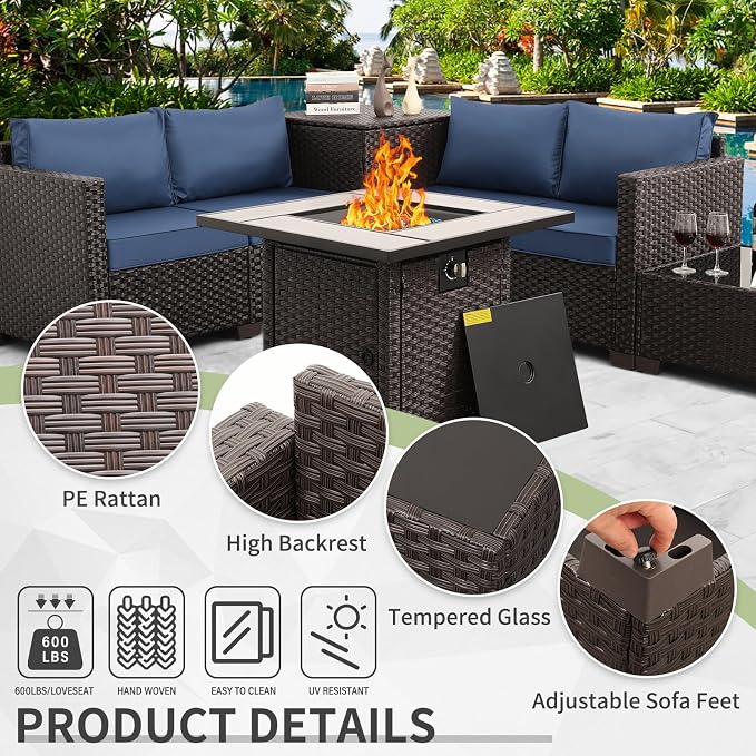 WAROOM Patio Furniture Set 5 Pieces Outdoor Conversation Sets PE Rattan Couch Loveseat Resin Wicker Sectional Sofa with Storage Box Coffee Table and Propane Fire Pit, Blue Cushion