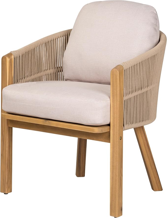 Christopher Knight Home Grotta 9 Piece Outdoor Dining Set, Acacia Wood Patio Dining Table Set with 8 Rope Weave Chairs Beige Cushions Rectangular Outdoor Furniture Set for Garden Patio Backyard