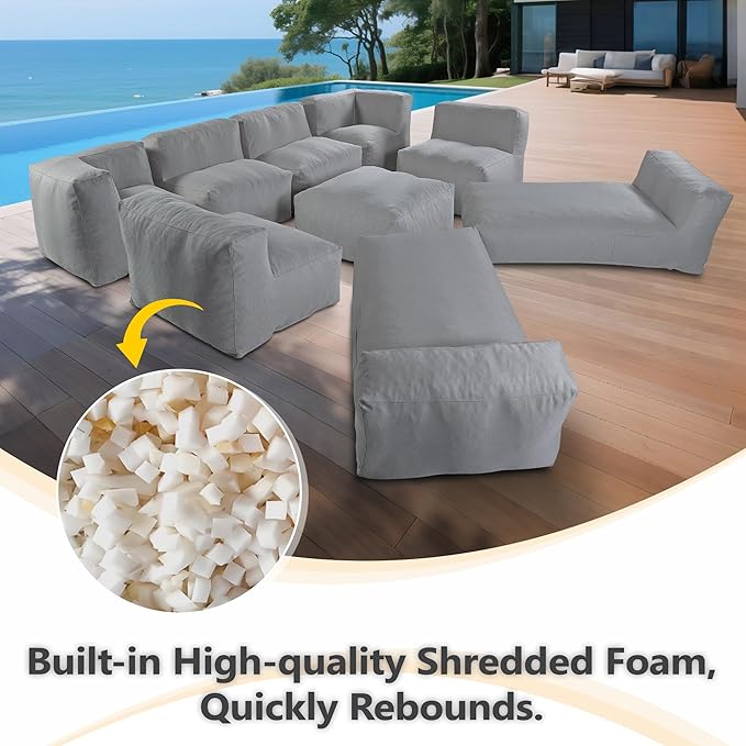 Patio Furniture Set, 9 Pcs Outdoor Conversation Set with Bean Bag Middle Chairs, Corner Chair, Ottomans, Modern Foam Couch Set for Garden, Deck, Balcony (9, Deep Gray)