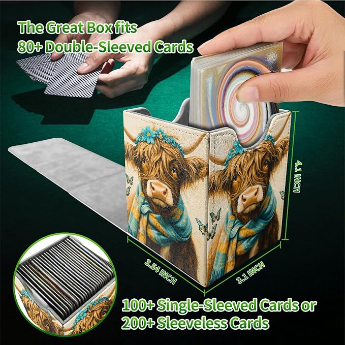Blue Towel Cow Card Deck Box for MTG, Personalized Card Storage Case Fits 120+ Sleeved Cards, Premium Leather TCG Box with Strong Magnetic Closure for Magic, CCG, PTCG, Baseball Cards