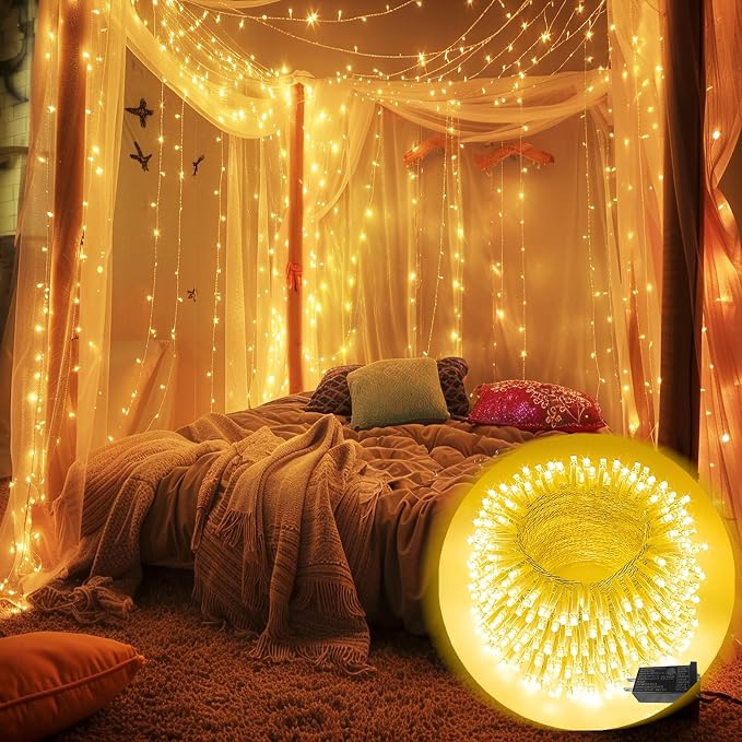 66FT 200LED Christmas String Lights Outdoor/Indoor, Extendable Twinkle Fairy Lights Waterproof Clear Wire with 8 Modes&Timer Function for Garden Bedroom Patio Christmas Tree Decorations (Warm White)