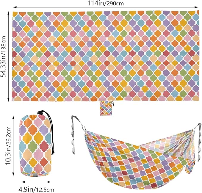 Camping Hammock Outdoor Hammocks for Outside Trellis Geometric Lattice Colorful Beach Trees Portable Lightweight with Pockets Tree Straps Indoor