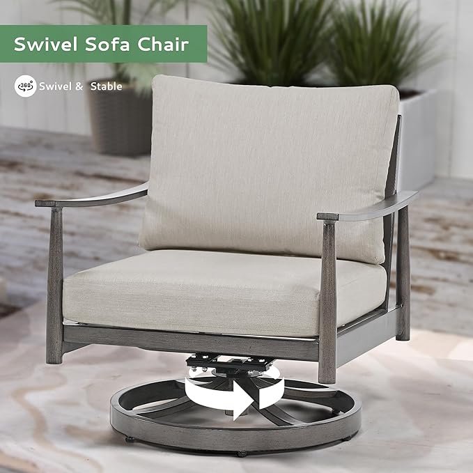 4 Pieces Patio Furniture Set, Aluminum Outdoor Patio Furniture Sets, 2 Swivel Chairs and 3 Seater Couch with Thick Cushion, Patio Conversation Set for Backyard Deck Poolside, Greige & Grey