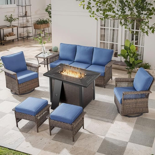 Patio Furniture Set with Fire Pit Table, 7PCS Patio Conversation Set Brown Resin Wicker Swivel Patio Chair Sofa Ottoman Set with Side Table and Fire Table PE Rattan Furniture Set