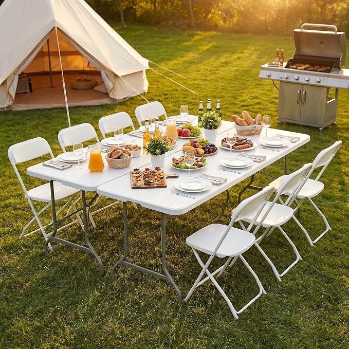 Sweetcrispy 8 FT Folding Picnic Table Easy to Fold and Store, Foldable Table for Camping Picnic Dining Party Kitchen Outdoor Indoor with Carrying Handle