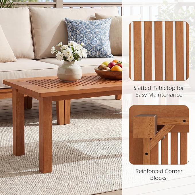 Tangkula 35.5 Inch Outdoor Coffee Table, Modern Rectangular Patio Table with Slatted Top, Teak Oil Finish, Solid Wood Coffee Table for Deck, Garden, Backyard, Indoor & Outdoor Use