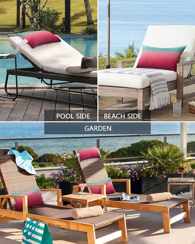 Outdoor Pillows Covers with Inserts Teal Turquoise Red Ombre Stripe Line Gradient Waterproof Recliner Pillow with Adjustable Strap Throw Pillows for Patio Furniture Pool Lounge Chair, 12x20 Inch, 2PCS