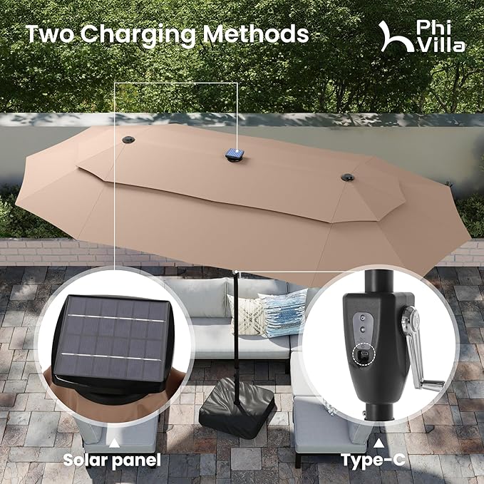 PHI VILLA 13ft Patio Umbrella with 120 PCS Solar-Powered LED Color-Changing Lights, 2-Tier Double-Sided Large Rectanglular Umbrella with Base Included,Beige