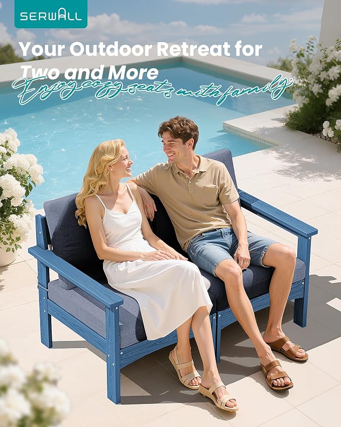 SERWALL HDPE Patio Loveseat Sofa, 2 Pieces Single Sofa, Weather-Resistant Outdoor Furniture Chair with Thick Removable Cushion, Balcony, Garden, Backyard, Poolside, Blue Frame with Grey Cushion