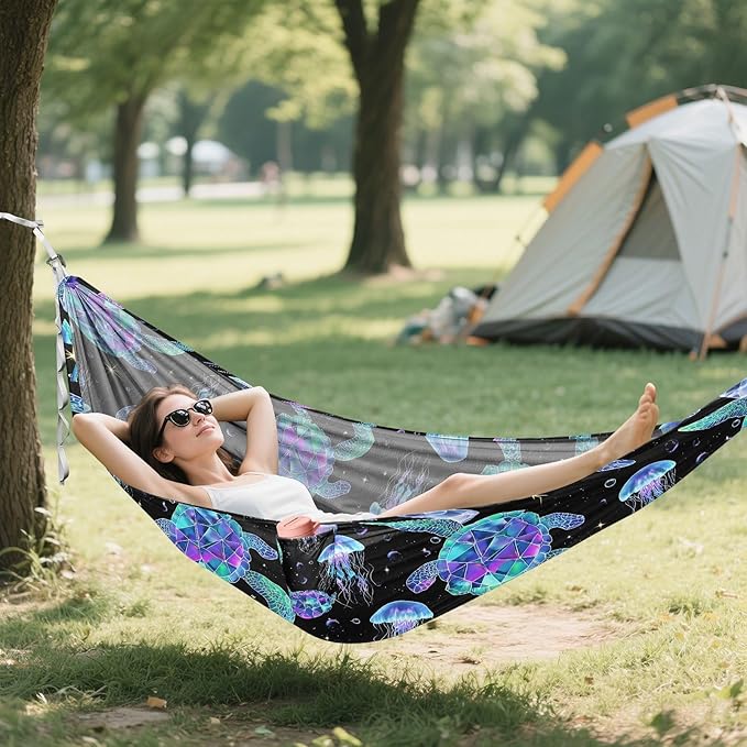Camping Hammock Outdoor Hammocks for Outside Neon Jellyfish Turtle Beach Trees Portable Lightweight with Pockets Tree Straps Indoor Small