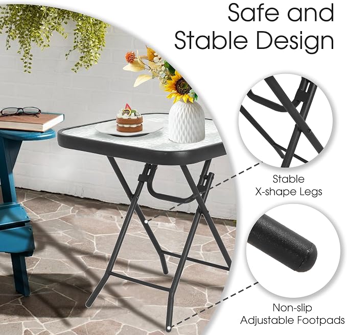HOMEFUN Outdoor Side Tables Square Folding Patio End Table with Tempered Glass Tabletop, Portable Bistro Coffee for Porch Yard, Balcony, Garden, Deck Poolside, Transparent Glass