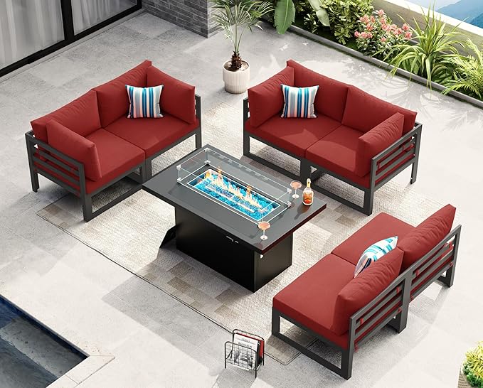 NICESOUL 7 Piece Modern Aluminum Patio Furniture Set with Fire Pit Table, 500 lbs Heavy Duty Outdoor Sectional Sofa, 29" Deep Wide Oversized Seating L Shaped Conversation Couch for Garden, Burgundy