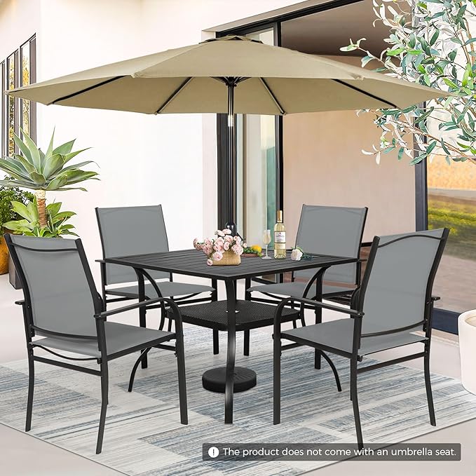 Incbruce 6 Pieces Patio Dining Set with Brown Umbrella, Outdoor Dining Set of 4 Textilene Chairs and Square Table with Umbrella Hole for Backyard, Garden, and Poolside (Grey)