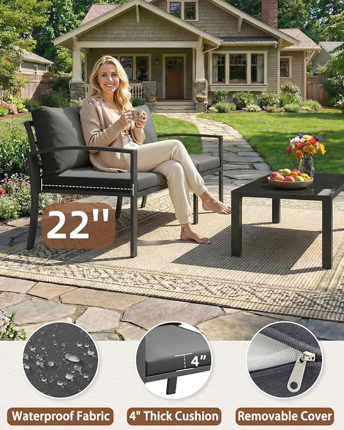 U-MAX Metal Outdoor Patio Furniture Set with Waterproof Cover, 6 Pieces Outdoor Conversation Set with Coffee Table&Side Table, Outdoor Couch Sofa Modern with Dark Grey Cushions for Lawn, Backyard