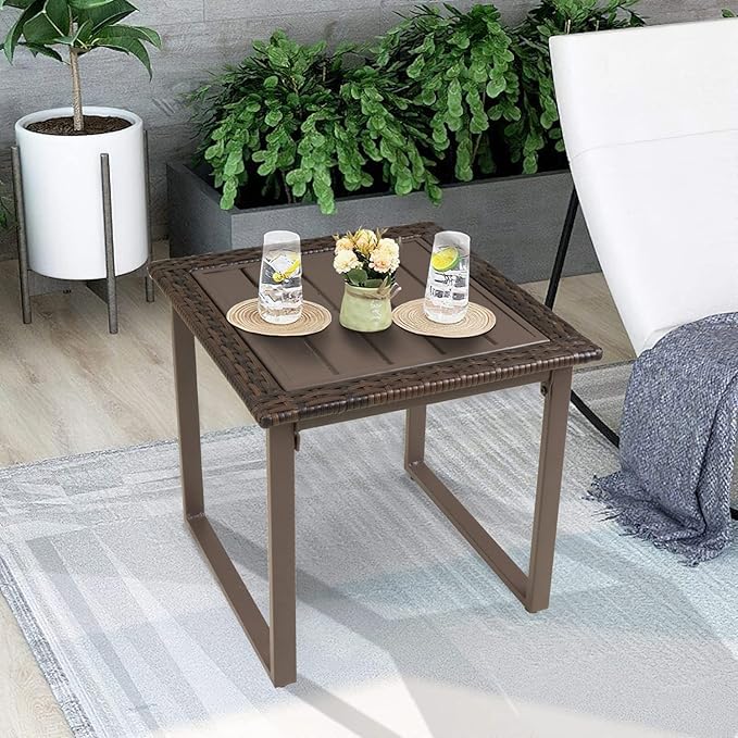 Wicker Outdoor Side Table for Patio Set of 2, 2 PCS Square Rattan Outdoor End Tables for Outside Porch Lawn Garden Balcony Pool Bistro, Brown