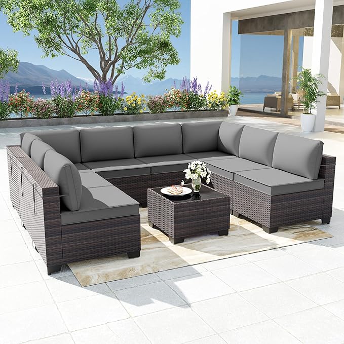 Patio Furniture Set 9pcs Outdoor Furniture for Backyard Sectional Sofa Set, Wicker Rattan Outdoor Conversation Set with 4 Inch Thickened Cushions and Coffee Table, Grey