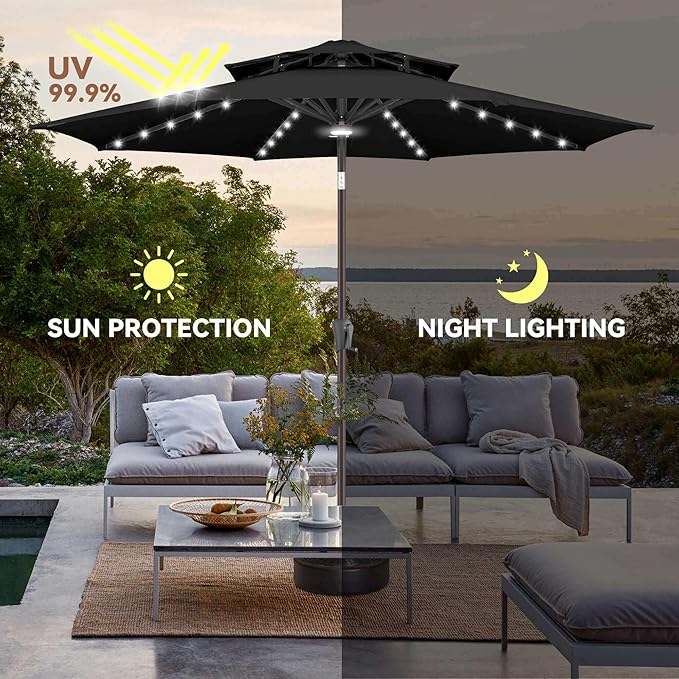 9FT Solar Umbrella Outdoor - 2-Tier Lighted Solar Patio Umbrella with 40 LED Lights Waterproof UV Protection, Table Umbrella with Tilt for Pool, Porch, Garden, Backyard (Black)