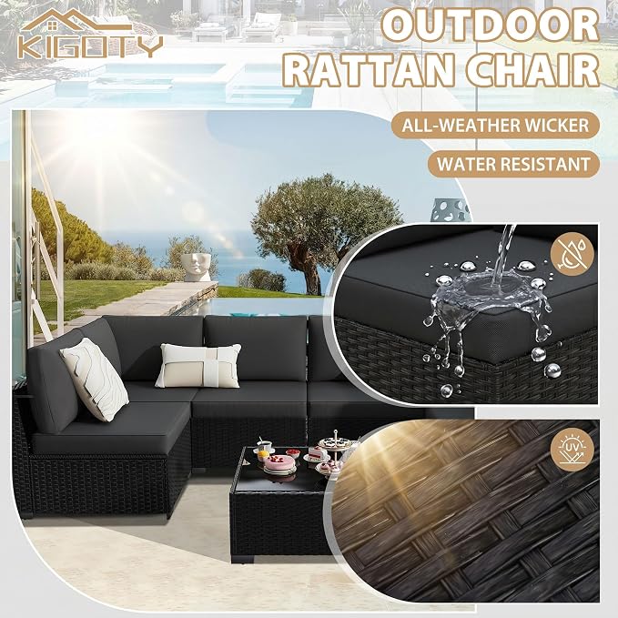 KIGOTY 7-Piece Patio Furniture Set, All-Weather PE Rattan Outdoor Sectional Sofa, Modular Wicker Conversation Set with Thick Washable & Easy-Clean Coffee Table（Black/Black-X）