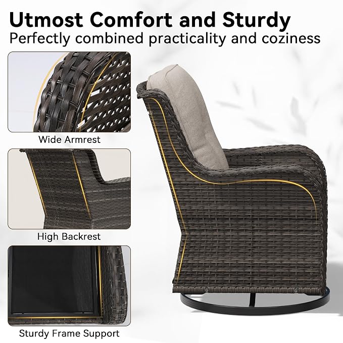 Swivel Rocker Patio Chairs Set of 2 - Outdoor Wicker Patio Furniture Set 2 Pieces with Thickened Olefin Cushions, High Back and Deep Seating, Hand-Woven PE Rattan for Porch, Deck, Beige
