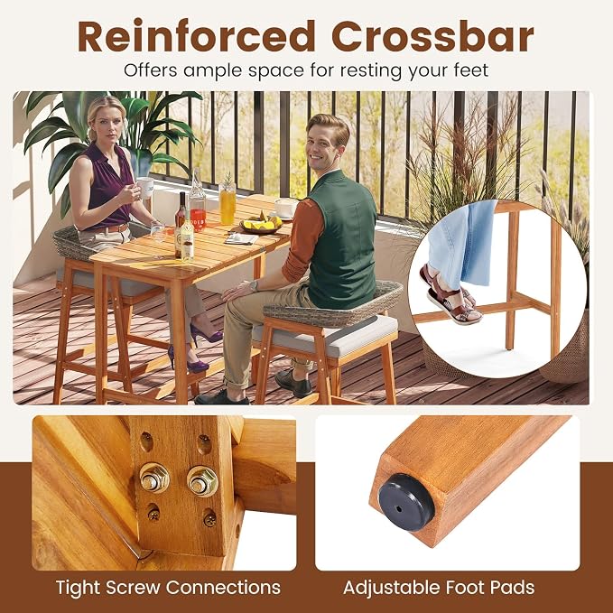 Outdoor Bar Table, 54" x 22" Acacia Wood Counter Height Table with Slatted Tabletop and Adjustable Feet, Rectangular High Top Dining Table for Patio, Yard, Balcony, Poolside