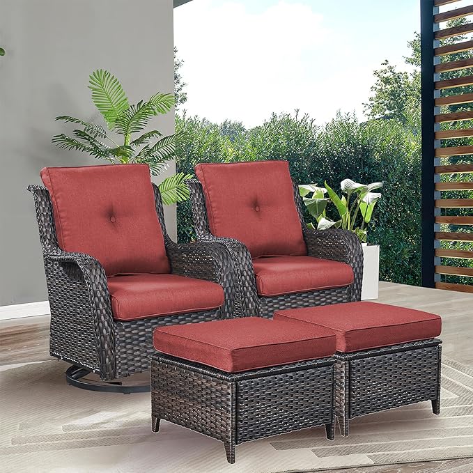 Rilyson Wicker Patio Furniture Set - 4 Piece Rattan Outdoor Sectional Conversation Sets with 2 Swivel Rocking Chairs,2 Ottomans for Porch Deck Garden(Brown/Red)