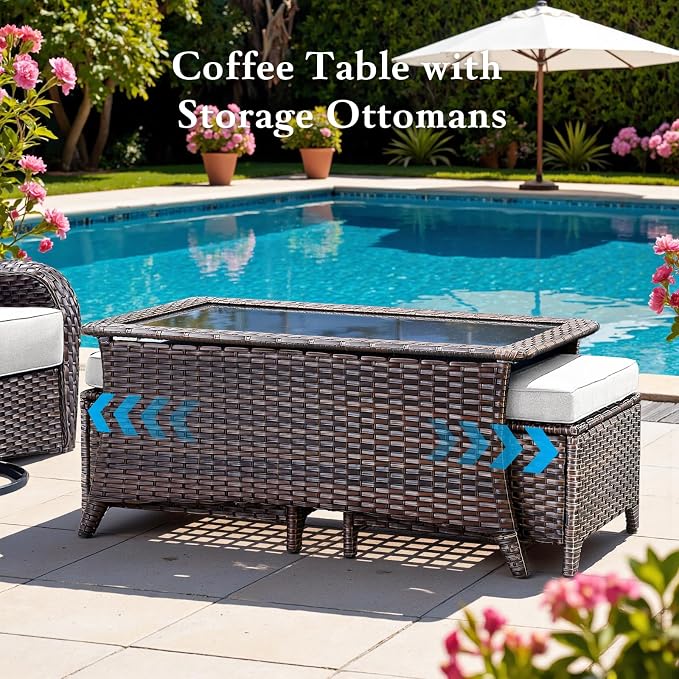 Belord Luxury 6" Thick Cushioned 11 Pieces Patio Furniture Set with Outdoor Couch, Wicker Outdoor Conversation Set with High Back Swivel Rocker Chairs for Deck Porch Yard and Poolside - Brown+Beige