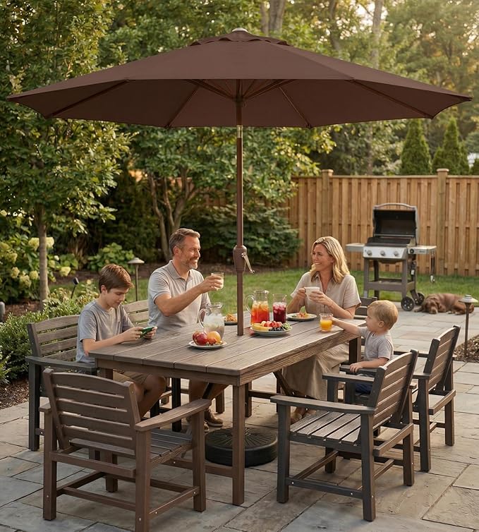 10FT Patio Umbrella, Outdoor Umbrella with Push Button Tilt and Crank, 8 Sturdy Ribs, UV Protection & Waterproof Market Umbrella for Pool, Backyard, Beach,Deck (Brown)