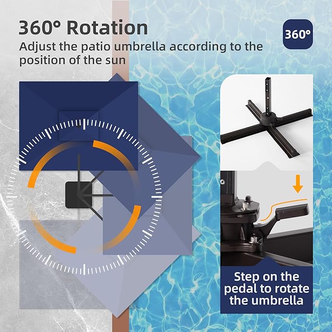 9x12 FT Patio Umbrella with LED Lights Cantilever Outdoor Large Heavy Duty Rectangle Aluminum Offset Umbrellas Double Top 360 Rotation 7 Tilt Adjustment for Pool Deck Garden, Navy