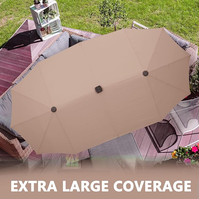 13Ft Large Patio Umbrella with Solar Lights Outdoor Double-Sided Market Table Umbrella Easy Crank for Yard, Poolside, Deck-Khaki