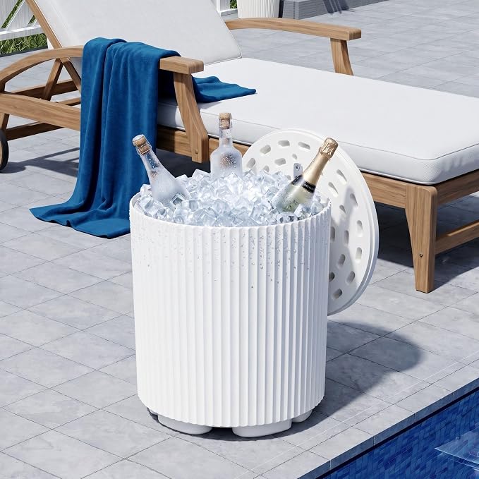 Zapdos 3-in-1 Outdoor Cooler Side Table, Dense Fluted Design, 330lbs Capacity Patio Ice Bucket