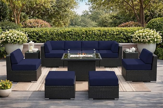 Fully Assembled Ohana 11 Piece Outdoor Aluminum Wicker Patio Furniture with 6-inch Sunbrella Navy Water Proof Rainshield Cushions, Oversized Seats and 42-inch Fire Table