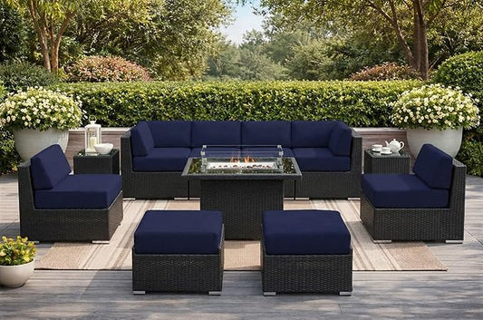 Fully Assembled Ohana 11 Piece Outdoor Aluminum Wicker Patio Furniture with 6-inch Sunbrella Navy Water Proof Rainshield Cushions, Oversized Seats and 42-inch Fire Table
