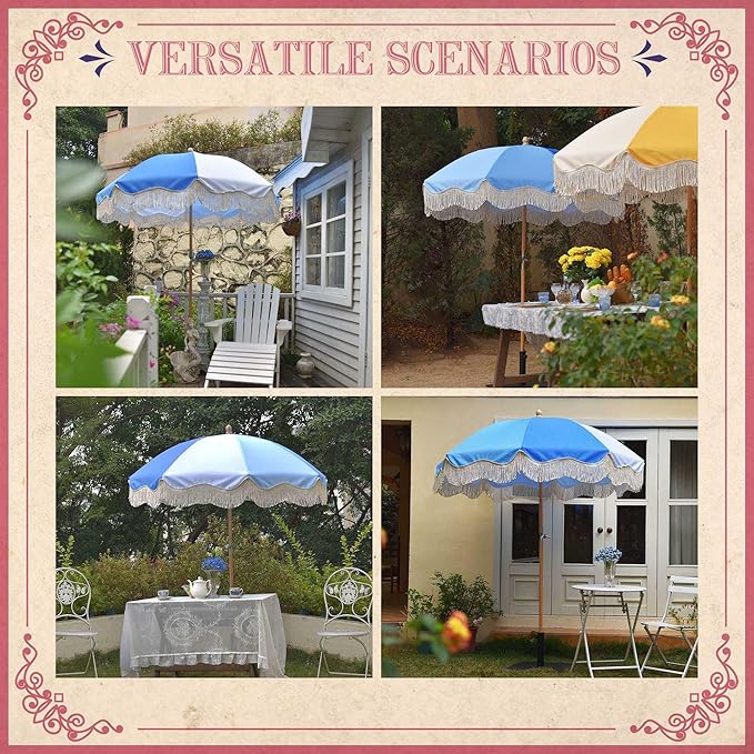 LAGarden Fringe Patio Umbrella with Carry Bag & Cover Vintage Wood for Event Outdoor Garden Yard Wedding Bistro Table