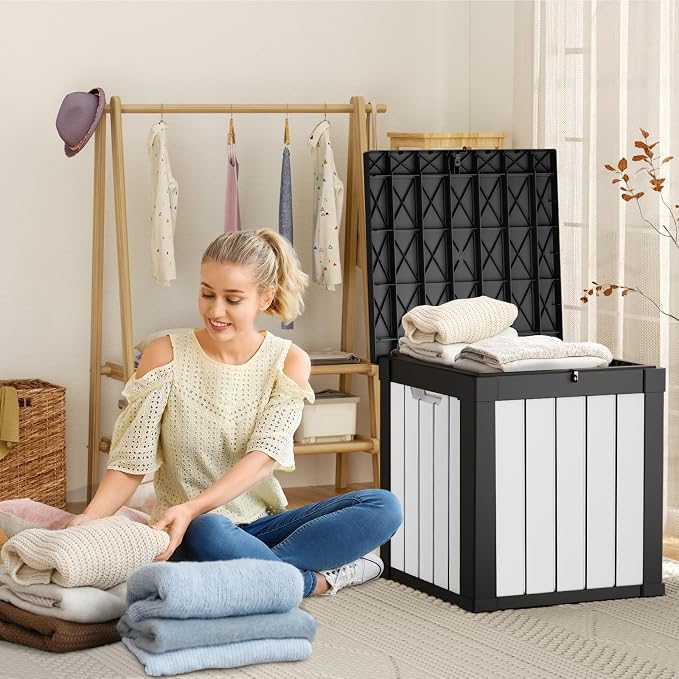ROJIK Outdoor Storage Housing Deck Box - Waterproof Patio Furniture, Garden Tools, Cushions, Pool Accessories Storage Bench with Lockable Lid and Side Handles (Black & Whiter, 50 Gal)