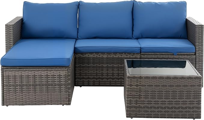 Shintenchi 4 Pieces Patio Furniture Set, 2-in-1 Convertible Sectional Sofa & Chaise Lounge, All-Weather Wicker Rattan Sofa Couch with Cushions & Coffee Table for Yard, Garden, Porch, Poolside (Blue)