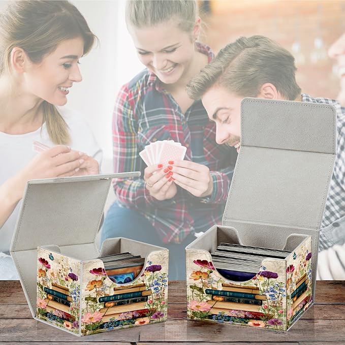 Card Deck Box for MTG, Cards Storage Box Fits 120+ Sleeved, Leather Small Size Strong Magnetic Closing Card Case for Board Games Magic TCG CCG Baseball Collection, Vintage Flower Books