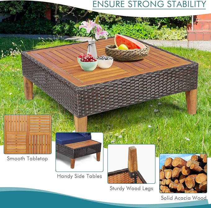 Tangkula 4 Pieces Acacia Wood Patio Conversation Set, Patiojoy Outdoor PE Rattan Sectional Sofa Set with Coffee Table, Corner Sofa & 2 Loveseats, for Backyard Garden Poolside